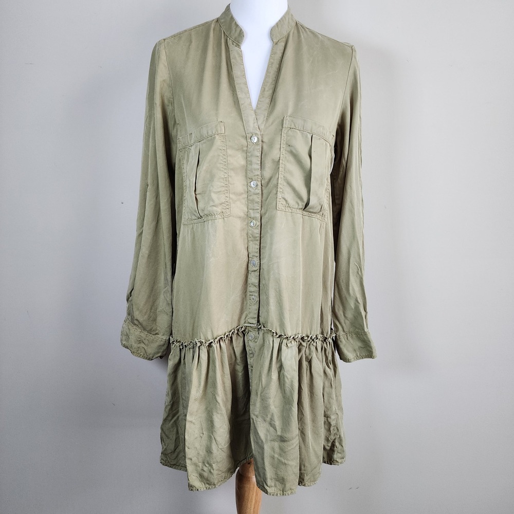 Zara Shirt Dress Womens XS Olive Tiered Ruffle Safari Boho Prairie Cottage Farm